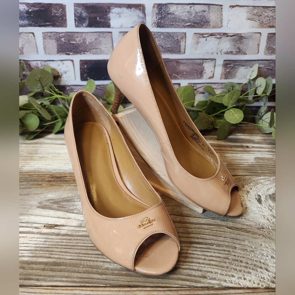 Coach Delilah Nude Open Toe Wood-tone Heel Pumps Size 7